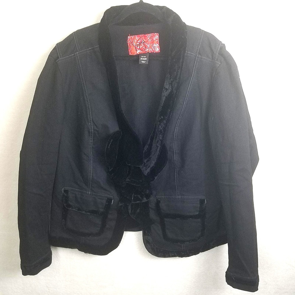 Venezia VNTG 90s Venezia Black Velvet Trim Ruffle Front Blazer Jacket Women22 24